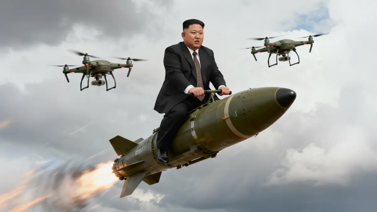 Kim Jung Un sitzt auf einer Rakete